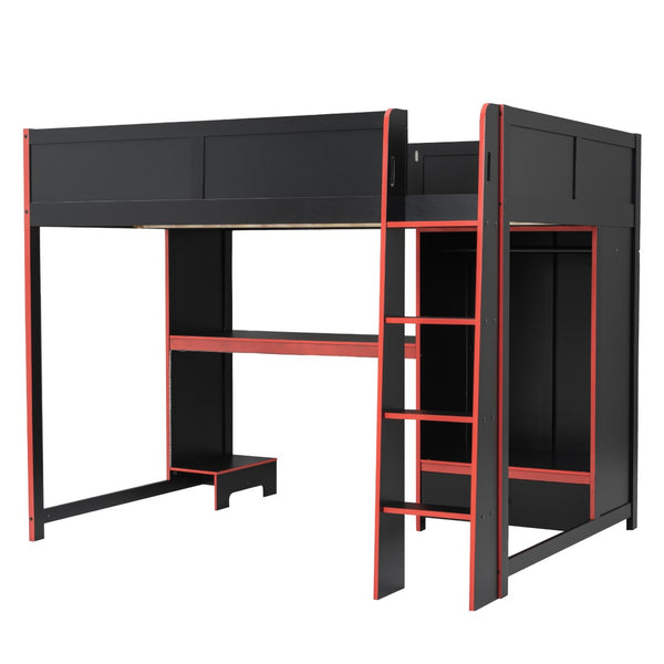 English Elm Wood Full Size Gaming Loft Bed With Desk, Wardrobe, Led Lighting, And Storage Drawer, Black Finish N7090004011B-GIGA