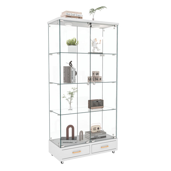 English Elm Modern Glass Display Cabinet With Led Lights & Drawers - Stylish 4-Shelf Storage For Any Room W241S00058