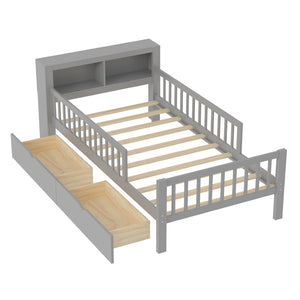 English Elm Twin Size Bed With Headboard Storage, Two Drawers & Safety Guardrails - Stylish Gray Design! N733P272374E-GIGA