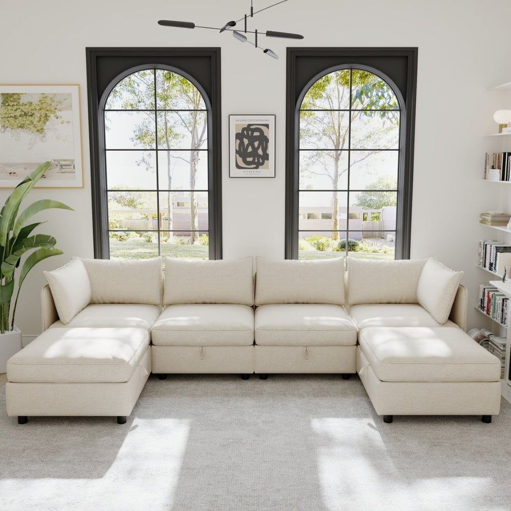 English Elm Modular Sectional Sofa with Under Seat Storage Converts to Sleeper for Living Room Beige W680S00136