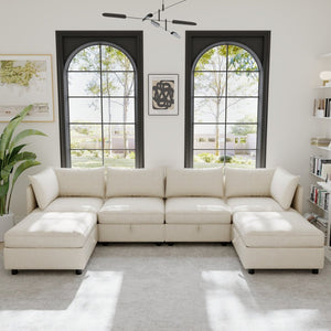 English Elm Modular Sectional Sofa with Under Seat Storage Converts to Sleeper for Living Room Beige W680S00136