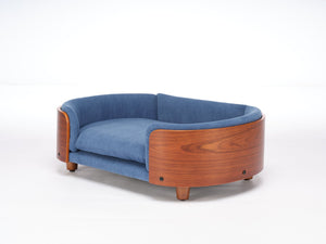 English Elm Scandinavian Mid-century Pet Sofa with Walnut Bentwood Back and Navy Velvet Cushion Dark Blue W794125941