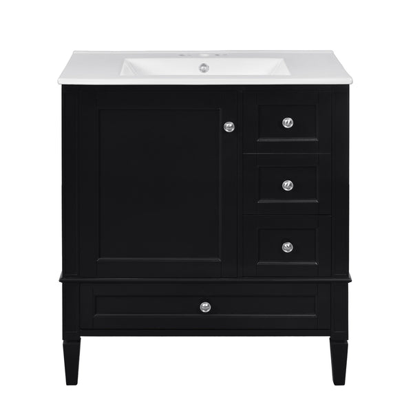 English Elm 30 30 Inch Bathroom Vanity with Ceramic Sink, Modern Compact 3-Drawer Storage Cabinet for Small Baths Black N710P247499B