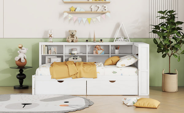 English Elm Wooden Twin Daybed with Storage Drawers Usb Charging Shelf and Pine Frame White N733S347768K