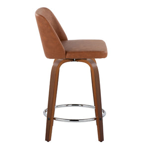 English Elm 24" Mid-century Swivel Barstools Walnut Tapered Legs Faux Leather Seat Chrome Footrest Set Camel B202S00132
