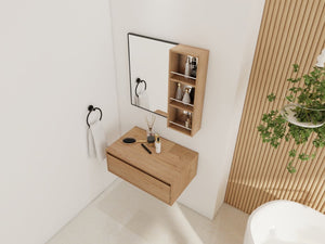 English Elm 30'' Wall Mounted Vanity Mirror Cabinet Black Aluminum Frame Open Shelf Bathroom W999S00537