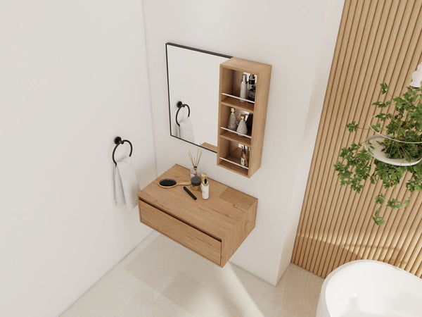 English Elm 30'' Wall Mounted Vanity Mirror Cabinet Black Aluminum Frame Open Shelf Bathroom W999S00537