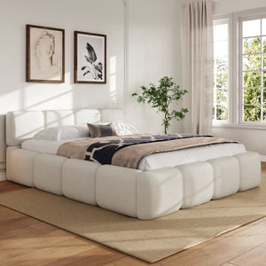 English Elm Queen Boucle Upholstered Platform Bed Low Profile Block Silhouette for Modern Bedroom N757P385459W