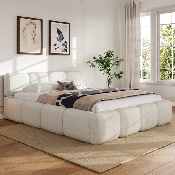 English Elm Queen Boucle Upholstered Platform Bed Low Profile Block Silhouette for Modern Bedroom N757P385459W