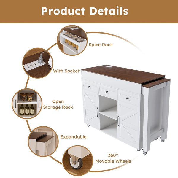 English Elm 74.8" Rolling Kitchen Island Extendable Marble Veneer Top with Power Outlet and Storage W2700S00105