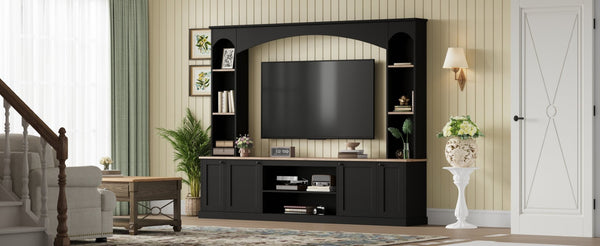 English Elm Arched Farmhouse Entertainment Center with Open Shelving for Living Room Black N721S000063B