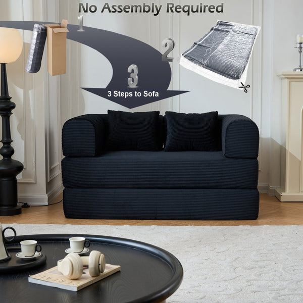 English Elm 59'' Corduroy Floor Sofa Convertible Sleeper with Bolster Pillow for Studio Living Black W3434P449858