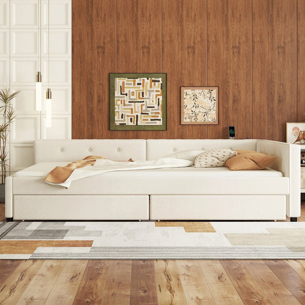 English Elm Full Full Size Upholstered Platform Bed with USB Ports, 2 Storage Drawers, Beige Linen Elegance DL000585AAA