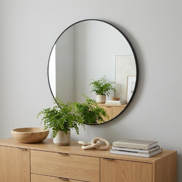 36 Inch Aluminum Round Wall Mirror with Sleek Frame for Modern Bathroom Vanity Decor