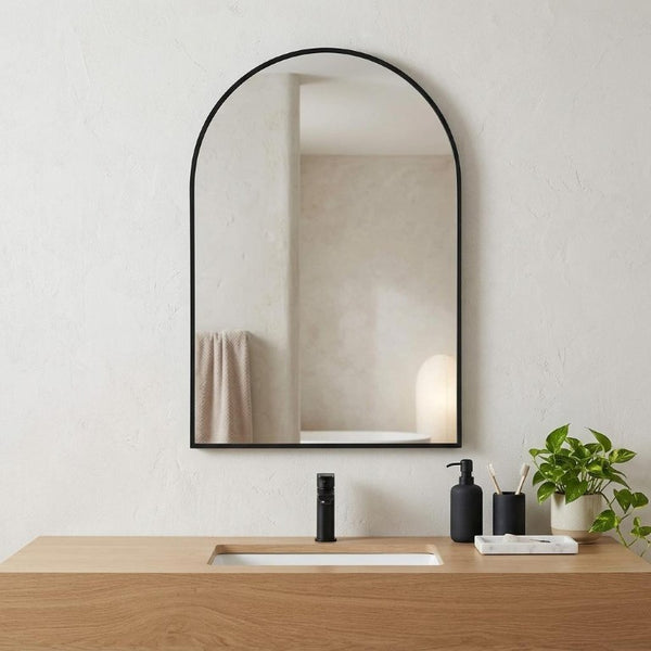 36 Inch Black Aluminum Arch Wall Mirror Elegant Vanity Accent for Modern Bathrooms