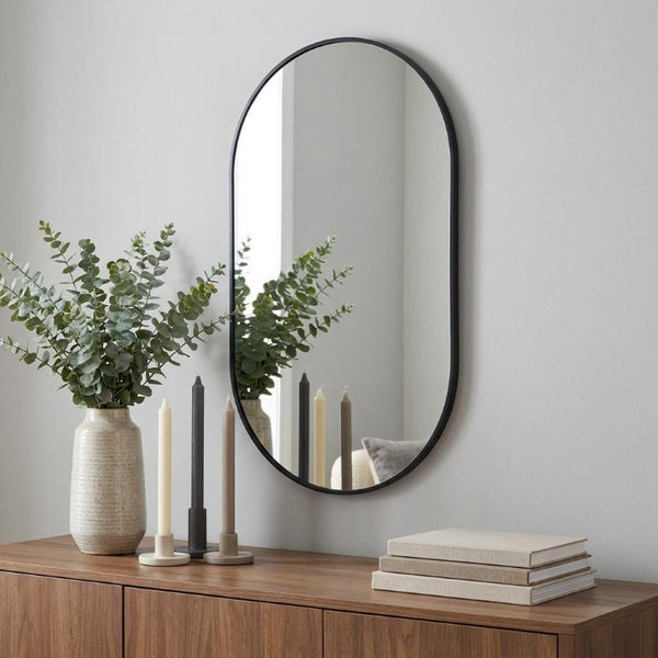 28 Inch Oval Wall Mirror with Aluminum Frame for Entryway Bedroom or Modern Living Spaces