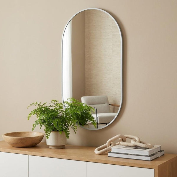 28 Inch Oval Wall Mirror with Aluminum Frame for Entryway Bedroom or Modern Living Spaces
