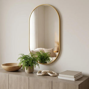 33 Inch Oval Aluminum Framed Wall Mirror Glam Accent Piece for Entryway Bath or Living Room