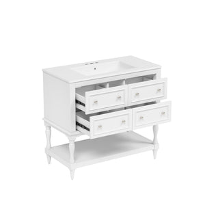 English Elm 36" Bathroom Vanity with Sink Combo, 36" Ceramic Undermount Basin, Solid Wood Frame, 4 Drawers, Waterproof Painted Finish White N710P250654K