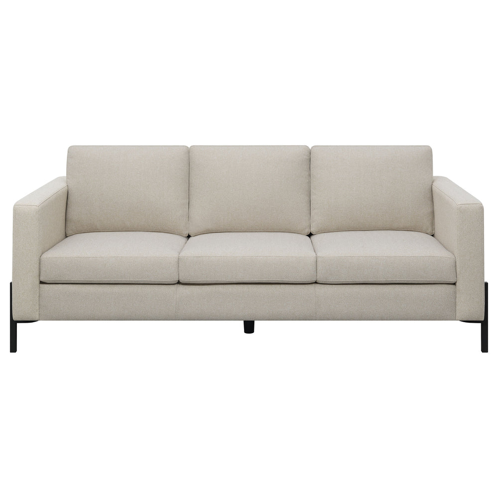 English Elm Dulcie Mid-Century Modern 2-Piece Sofa and Loveseat Set in Oatmeal Herringbone Fabric with Metal Legs, Tailored Comfort B062S01240