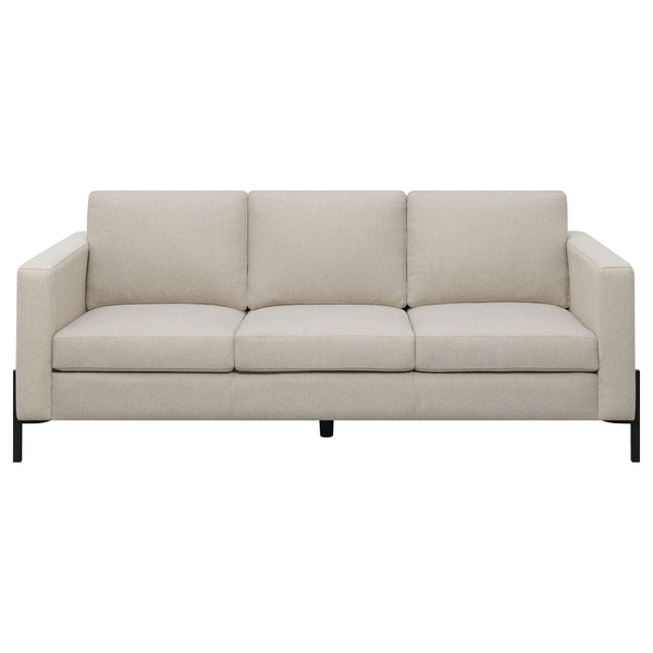 English Elm Dulcie Mid-Century Modern 2-Piece Sofa and Loveseat Set in Oatmeal Herringbone Fabric with Metal Legs, Tailored Comfort B062S01240