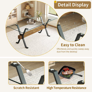 English Elm Elegant Transparent Tempered Glass Dining Table 79"x31.5" with X-Frame Black Metal Legs, Sleek MDF Beam, Seats 6-10 W1151S03586