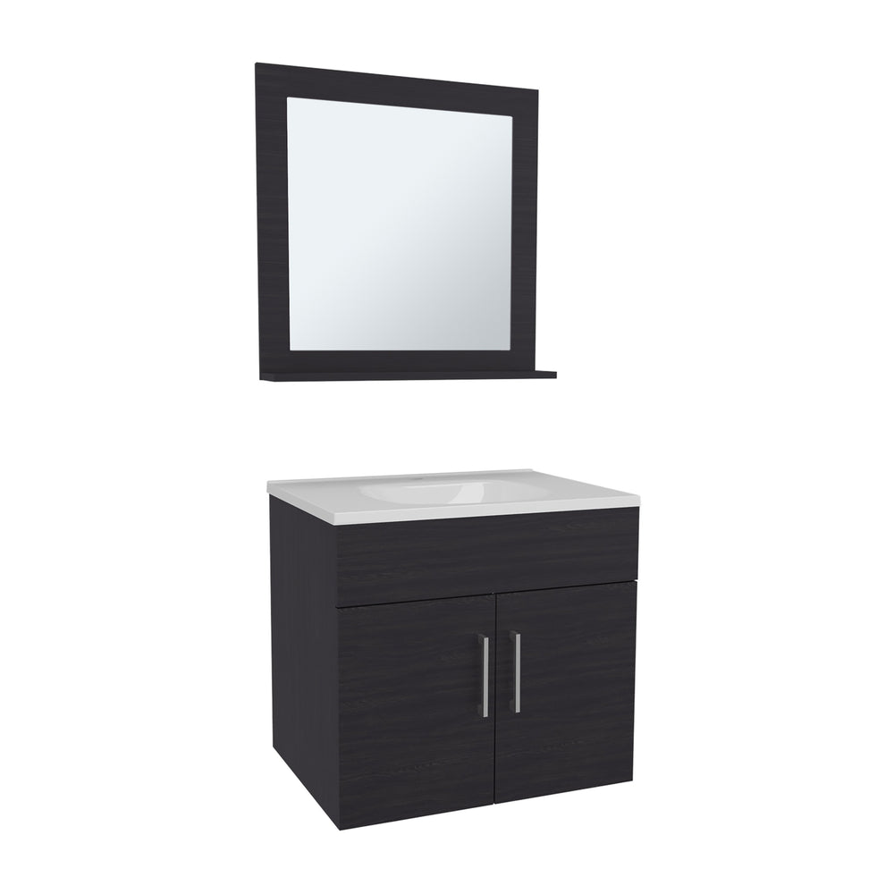 English Elm Bathroom Black Wengue Vanity Sink & Mirror Set with 2 Doors, Open Shelf, Engineered Wood, 24" Wide B097P350325