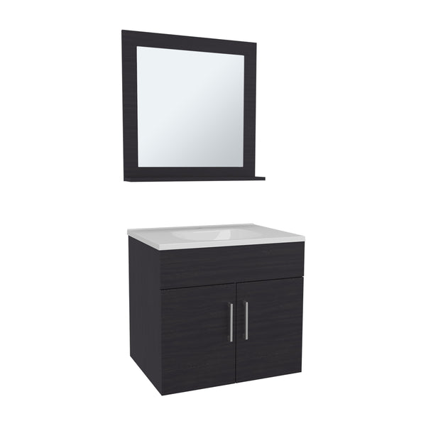 English Elm Bathroom Black Wengue Vanity Sink & Mirror Set with 2 Doors, Open Shelf, Engineered Wood, 24" Wide B097P350325