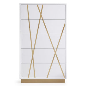 VIG Furniture Nixa Modern High-Gloss White & Gold Chest With 5 Soft-Close Drawers, Gold Crisscross Accents, Preassembled VGVCJ1909-5H-WHT