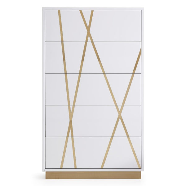 VIG Furniture Nixa Modern High-Gloss White & Gold Chest With 5 Soft-Close Drawers, Gold Crisscross Accents, Preassembled VGVCJ1909-5H-WHT