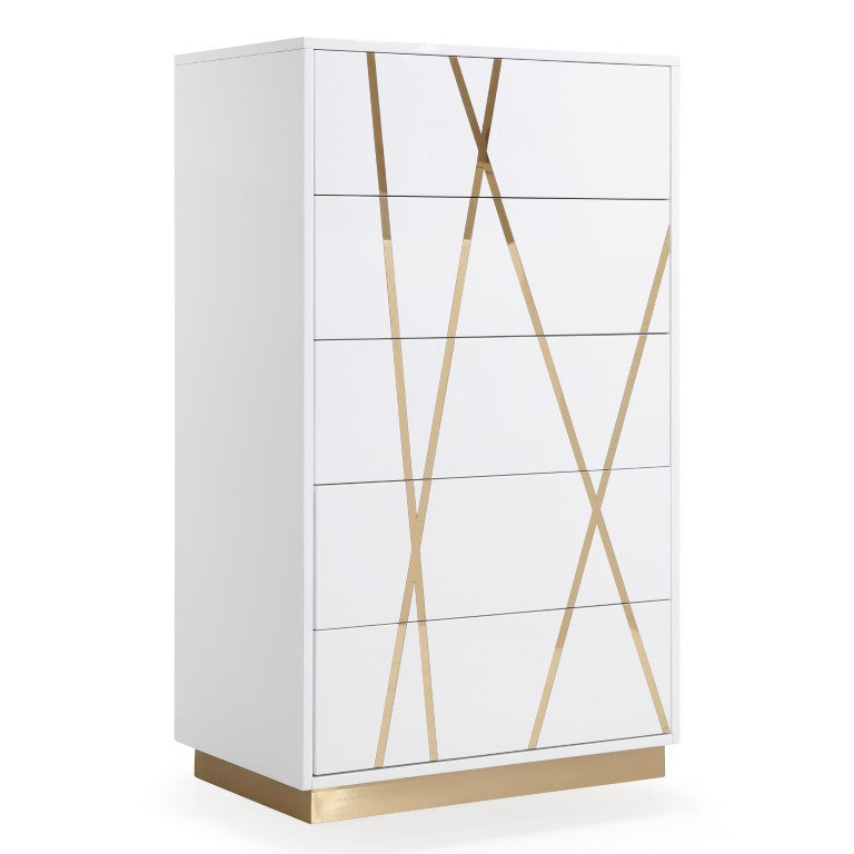 VIG Furniture Nixa Modern High-Gloss White & Gold Chest With 5 Soft-Close Drawers, Gold Crisscross Accents, Preassembled VGVCJ1909-5H-WHT