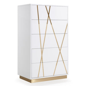 VIG Furniture Nixa Modern High-Gloss White & Gold Chest With 5 Soft-Close Drawers, Gold Crisscross Accents, Preassembled VGVCJ1909-5H-WHT