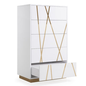 VIG Furniture Nixa Modern High-Gloss White & Gold Chest With 5 Soft-Close Drawers, Gold Crisscross Accents, Preassembled VGVCJ1909-5H-WHT