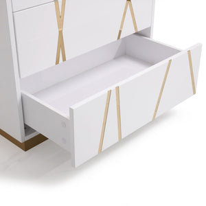 VIG Furniture Nixa Modern High-Gloss White & Gold Chest With 5 Soft-Close Drawers, Gold Crisscross Accents, Preassembled VGVCJ1909-5H-WHT