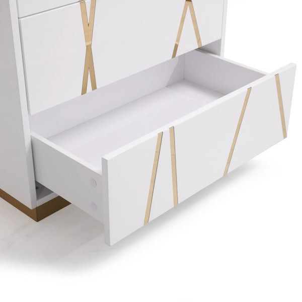 VIG Furniture Nixa Modern High-Gloss White & Gold Chest With 5 Soft-Close Drawers, Gold Crisscross Accents, Preassembled VGVCJ1909-5H-WHT