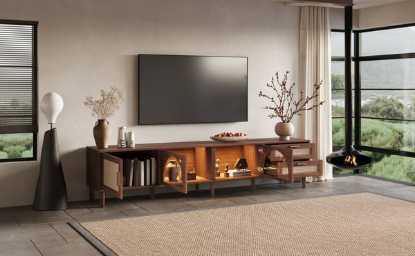 English Elm 86 Inch Rattan Media Console with Led Lighting Two Drawers Modern Living Room Tv Stand N710P438977P