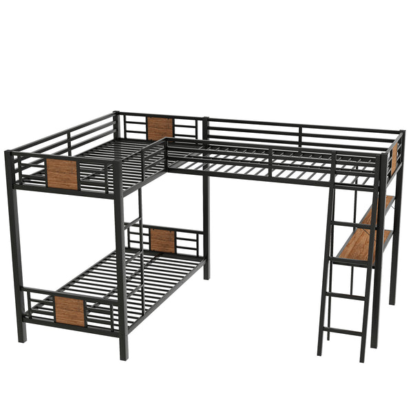 English Elm L-Shaped Twin Over Twin Bunk Bed with Loft Desk & Shelves, Brown Metal+MDF, Sturdy Sleep Solution GX001110AAD