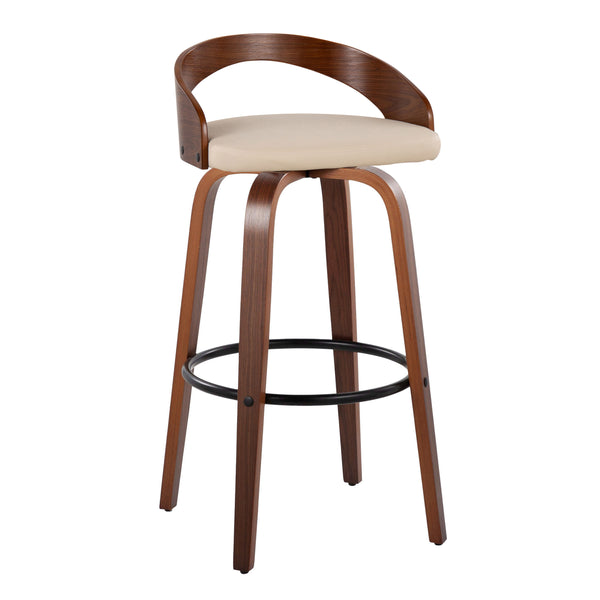 English Elm Grotto 30" Mid-Century Modern Barstools - Set Of 2 In Walnut Wood & Cream Faux Leather With Swivel B202S00594
