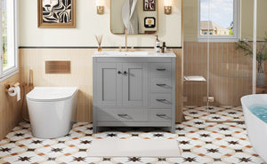 English Elm 36" Gray Bathroom Vanity with Ceramic Sink, 5 Drawers & Soft-Close Doors, Solid Wood Modern Storage N729P183735E