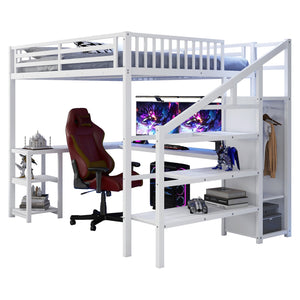 English Elm Metal Queen Loft Bed with Wardrobe, LED Light, L-Shaped Desk and USB Ports for Space-Saving Rooms White 65.75 L x 17.52 W x 6.3 H W2593S00039