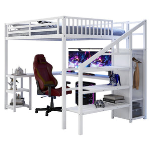 English Elm Metal Queen Loft Bed with L Shaped Desk Wardrobe Led Lighting and Usb for Teens W2593S00044