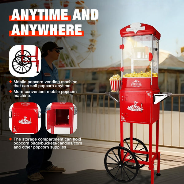 English Elm Popcorn Machine on Wheeled Cart with 10 Oz Kettle for Home Theater Game Room W2841P342117