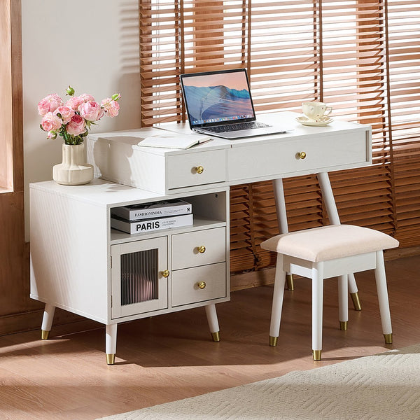 English Elm 3-in-1 Vanity Desk with LED Flip Mirror, Compact Makeup/Dressing Table with Storage Drawers & Stool White N844P291656A