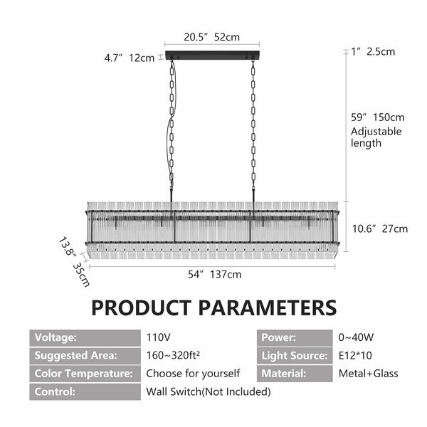 English Elm Modern Rectangular Crystal Glass Chandelier - 10-Lights Black Pendant Fixture For Elegant Spaces W1340P332560