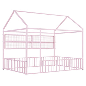 English Elm Full Metal House Bed Frame Full Size with Built-In Fence and 4 Grid Shelves for Durable Storage and Style Pink N737P175361H