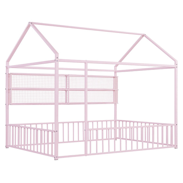 English Elm Full Metal House Bed Frame Full Size with Built-In Fence and 4 Grid Shelves for Durable Storage and Style Pink N737P175361H