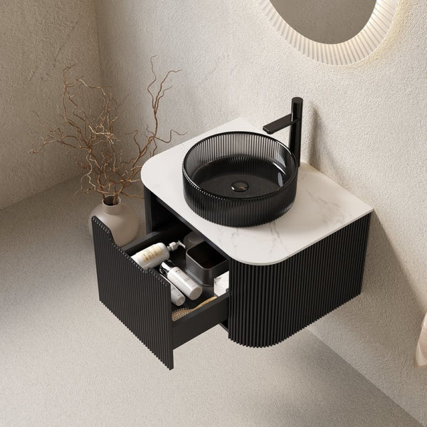 English Elm Dina Floating Bathroom Vanity with Sintered Stone Top and Crystal Glass Basin Black,Carrara White W2615S00404