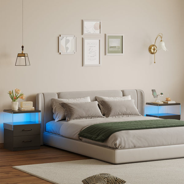 English Elm Nightstand with LED Lights and Adjustable Colors, Modern Bedside Table with Power Outlets & Drawers Black 22 L x 8 W x 18 H W2178P252968