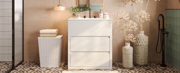 English Elm Christopher Knight Home® - 30" Bathroom Vanity with Ceramic Sink, 2 Soft-Close Full-Extension Drawers, Handle-Free 45° Design, Durable MDF White N817P280549W