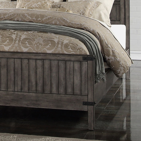 English Elm Storehouse King Bed Hardwood Frame with Iron Rivets and Smoked Grey Plank Headboard B108S00050